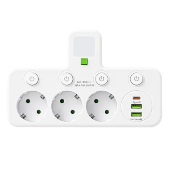 Kontaktligzdas sadalītājs ar 3 ligzdām, 2 USB, USB-C un naktslampiņu