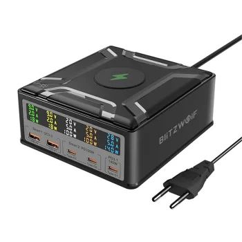 Blitzwolf BW-S28 260W tīkla lādētājs, 2xUSB-A, 3xUSB-C, 15W bezvadu, melns