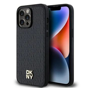 DKNY iPhone 13 Pro Max Case Leather Pattern Metal Logo MagSafe, Black