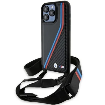 BMW iPhone 15 Pro Max Case M Edition Carbon Tricolor Lines & Strap, Black