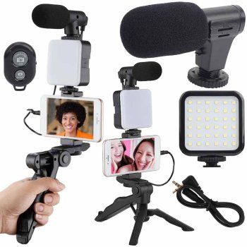 Vlogging Kit AY49 with Phone Tripod, Microphone, and LED Light