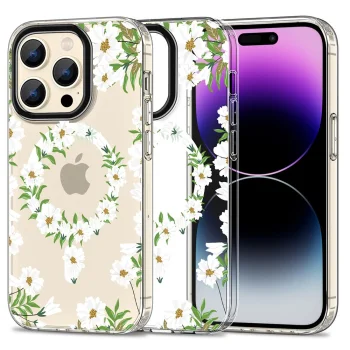 Tech-Protect iPhone 15 Pro Case MagMood MagSafe, White Daisies