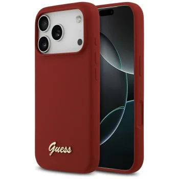 Guess iPhone 17 Pro vāciņš Silicone Script Metal Logo MagSafe, sarkans