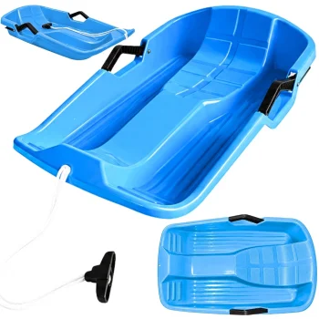 Blue plastic sledge with backrest and brake handles