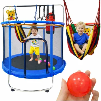 Bērnu dārza batuts ar tīklu, basketbola grozu un piederumiem, 155 cm, zils