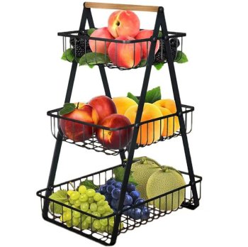 3-Tier Metal Fruit Basket for Kitchen Counter with Wooden Handle, Black