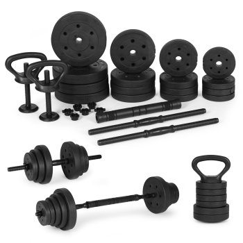 Regulējamo hanteļu komplekts 40 kg (2×20 kg) ar stieni un kettlebell rokturi