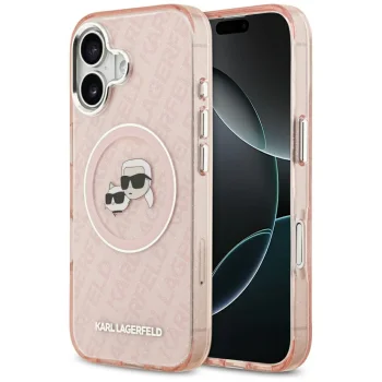 Karl Lagerfeld IML mirdzošs Karl & Choupette galvu logotipa MagSafe iPhone 17 vāciņš – rozā | Phone Case Cover