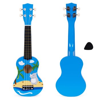 Koka ukulele bērniem ECOTOYS ar 4 neilona stīgām un mediatoru, Zila