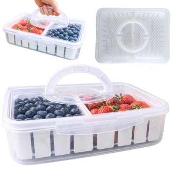 Divided Food Storage Container with Drainer Inserts and Handle, White