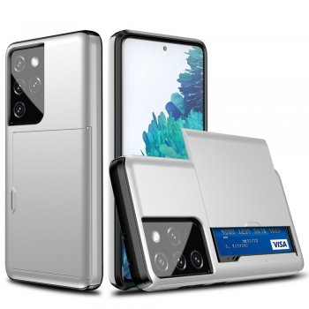 Samsung Galaxy S21 Ultra (SM-G998B) Slide Card Holder PC + TPU Hybrid Back Case Cover, Silver | Telefona Maciņš...