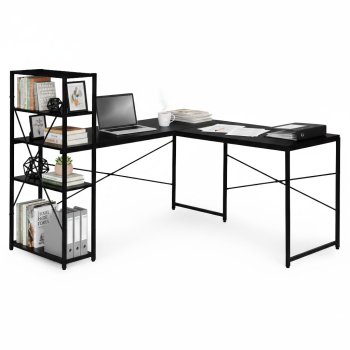 Stūra rakstāmgalds ar 4 plauktiem ModernHome lofta stilā, melns