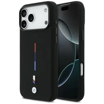 BMW M Silicon Tricolor Line MagSafe vāciņš iPhone 17 Pro Max, melns