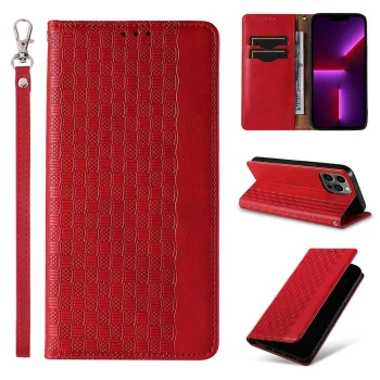 Magnet Strap Case Flip Wallet Case for iPhone 14 Pro with Stand and Lanyard, Red
