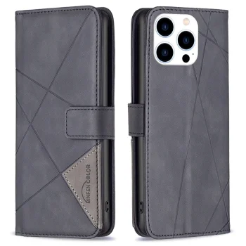 Apple iPhone 14 Pro 6.1'' Geometric Texture Wallet Stand Leather Phone Book Case Cover, Black | Telefona Vāciņš...