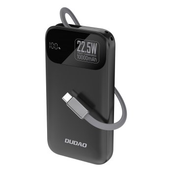 Dudao K31 10000 mAh 22.5W PD Powerbanka ar iebūvētu kabeli - Melna | Powerbank With Built-In Cable Black