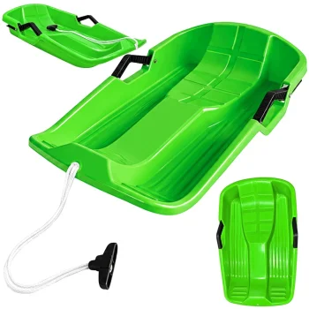 Green plastic sledge with backrest and brake handles, 64 cm