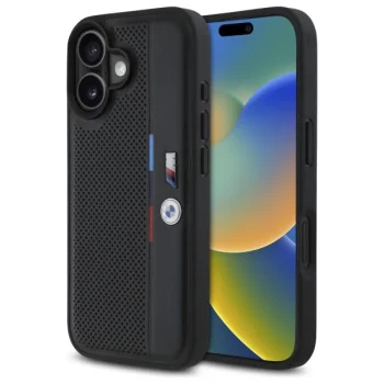 BMW iPhone 16 vāciņš M Perforated Tricolor Detail Line, melns