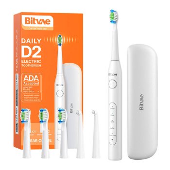 Soniskā zobu birste, elektriskā zobu suka ar uzgaļiem un ceļojuma futrāli Bitvae D2 (balta) | Sonic Toothbrush