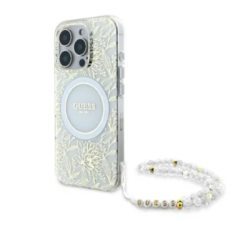 Чехол Guess для iPhone 16 Pro IML Flowers Allover Electro с жемчужным ремешком, белый