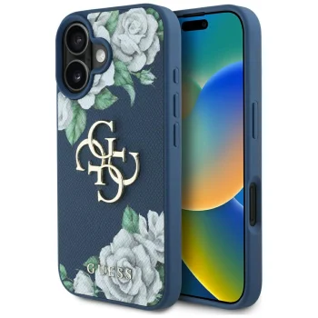 Guess Grained Roses Big 4G Logo Case for iPhone 16, Blue