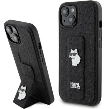Чехол Karl Lagerfeld для iPhone 15 Plus / 14 Plus Gripstand Saffiano Choupette Pin, черный