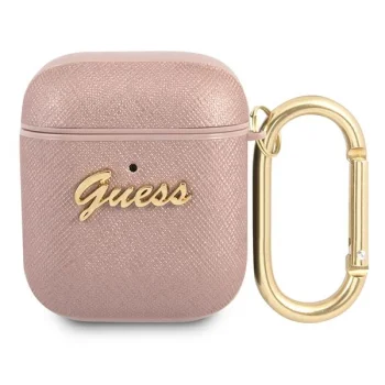 Guess AirPods 1 / 2 maciņš Saffiano Script Metal, rozā