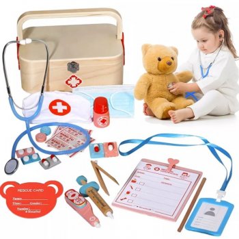Koka Rotaļu Daktera Ārsta Piederumu Komplekts Koferī | Pretend Play Doctor Kit for Kids