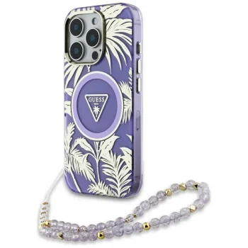 Guess Palm Trees Triangle Pearl Strap MagSafe Maciņš ar MagSafe iPhone 16 Pro Max, violets | Phone Case Cover