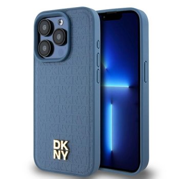 Apple iPhone 15 Pro 6.1'' DKNY Leather Monogram Pattern Metal Logo MagSafe Case Cover, Blue