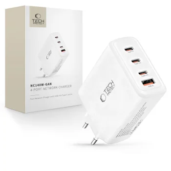 Tech-Protect NC140W-GAN 140W lādētājs ar 4 pieslēgvietām, balts