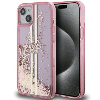 Apple iPhone 15 Plus 6.7'' Guess Liquid Glitter Gold Stripes Case Cover, Pink