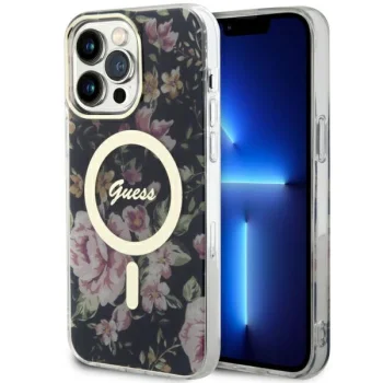 Guess iPhone 14 Pro Max vāciņš Flower MagSafe, melns