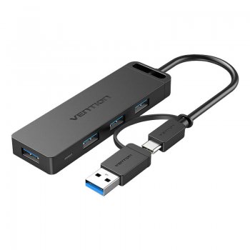 USB 3.0 4 portu centrmezgls ar USB-C un 2-in-1 saskarni barošanas adapteri Vention CHTBB 0,15 m | 4-Port Hub with and...