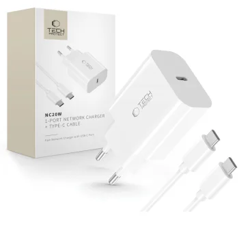 Tech-Protect NC20W tīkla lādētājs PD 20W ar USB-C kabeli, balts