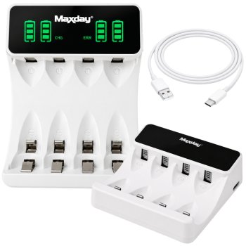 Maxday C704Y4 AA/AAA akumulatoru lādētājs ar LCD displeju un USB-C, balts