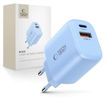 Tech-Protect NCA30 PD 30W QC3.0 USB-A / USB-C sienas lādētājs – zils