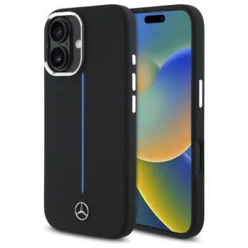Mercedes iPhone 16 Case Silicone Blue Stripe MagSafe, Black