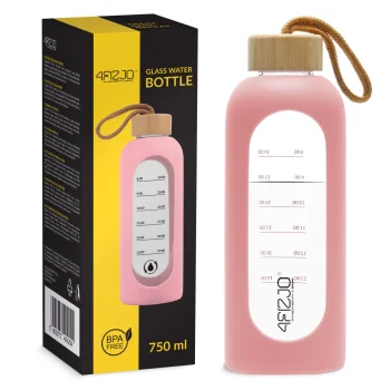 4FIZJO Glass Sports Water Bottle with Silicone Sleeve 750 ml, Pink