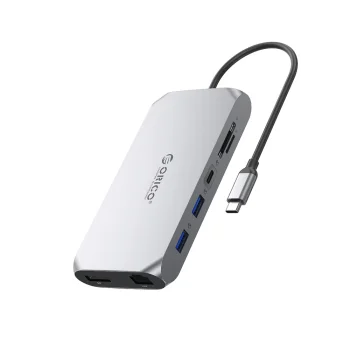Orico XCR 12in1 USB-C dokstacija, 2x HDMI, DP 4K, PD 100W, RJ45, pelēka