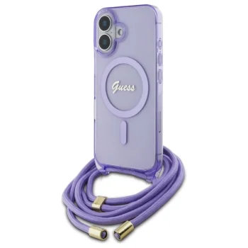 Чехол Guess для iPhone 16 Crossbody Cord Script MagSafe, фиолетовый