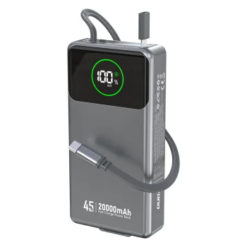 Dudao K31 Pro 45W 20000mAh ārējais akumulators ar ievelkamu USB-C kabeli pelēks