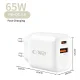 Tech-Protect NCA65W-GAN 65W 2 portu sienas lādētājs, balts