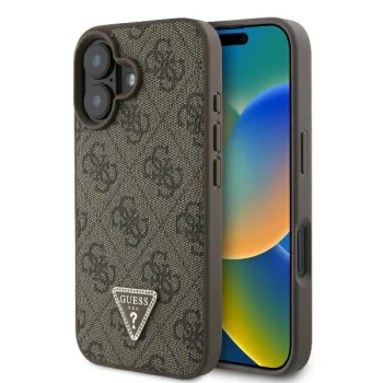 Guess Ādas 4G Triangle Strass MagSafe futrālis iPhone 16 - brūns | Leather case for brown