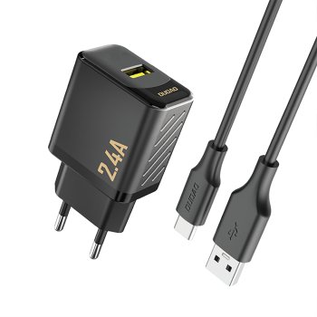 Dudao A23TEU 2.4A GaN USB-A sienas lādētājs ar USB-A – USB-C kabeli – melns
