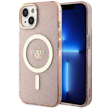 Guess iPhone 14 Plus vāciņš Glitter Gold MagSafe, rozā