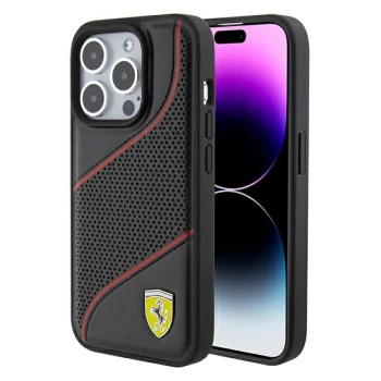 Ferrari iPhone 15 Pro vāciņš Perforated Waves Metal Logo, melns