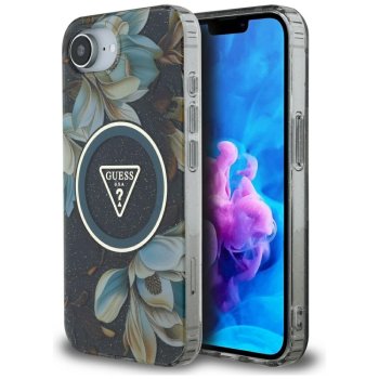 Guess IML Metal Glitter Flowers Triangle MagSafe vāciņš iPhone 16e, Melns