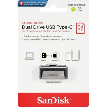 USB zibatmiņa SanDisk Ultra Dual Drive 64GB Type-C un USB-A (SDDDC2-064G-G46)