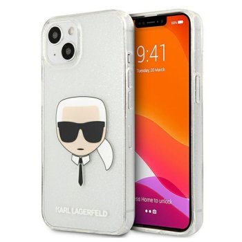Karl Lagerfeld iPhone 13 mini vāciņš Glitter Karl's Head, sudraba
